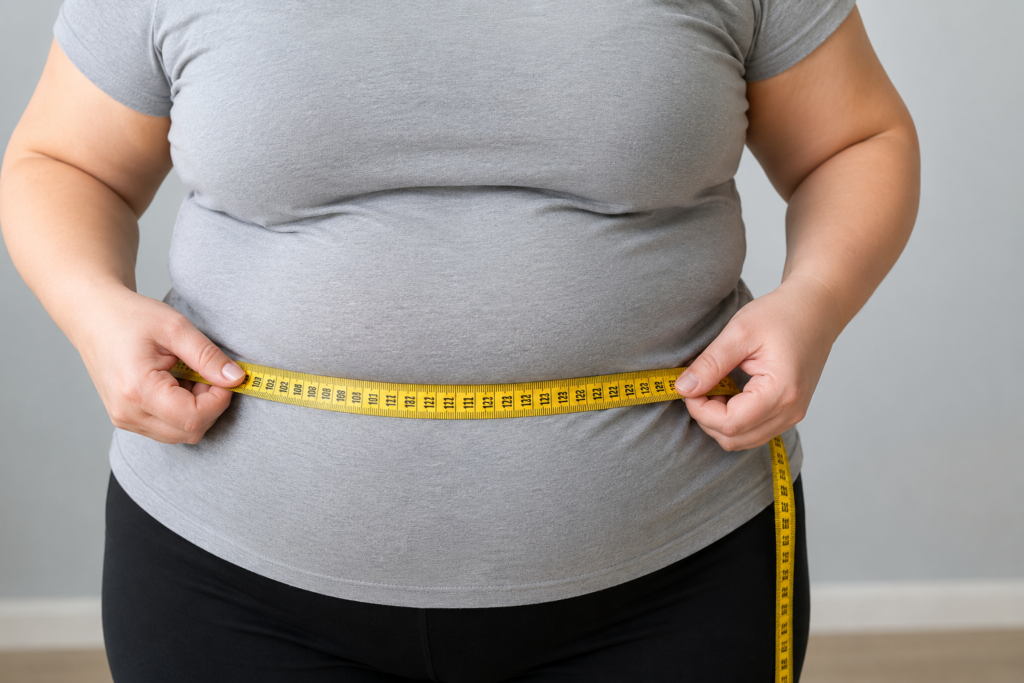 overweight woman measuring waist with tape belly fat problem