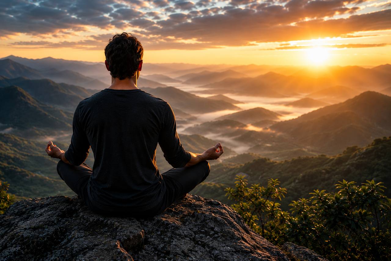 Meditierender Mann bei Sonnenaufgang als Symbol für innere Balance und Wohlbefinden.
