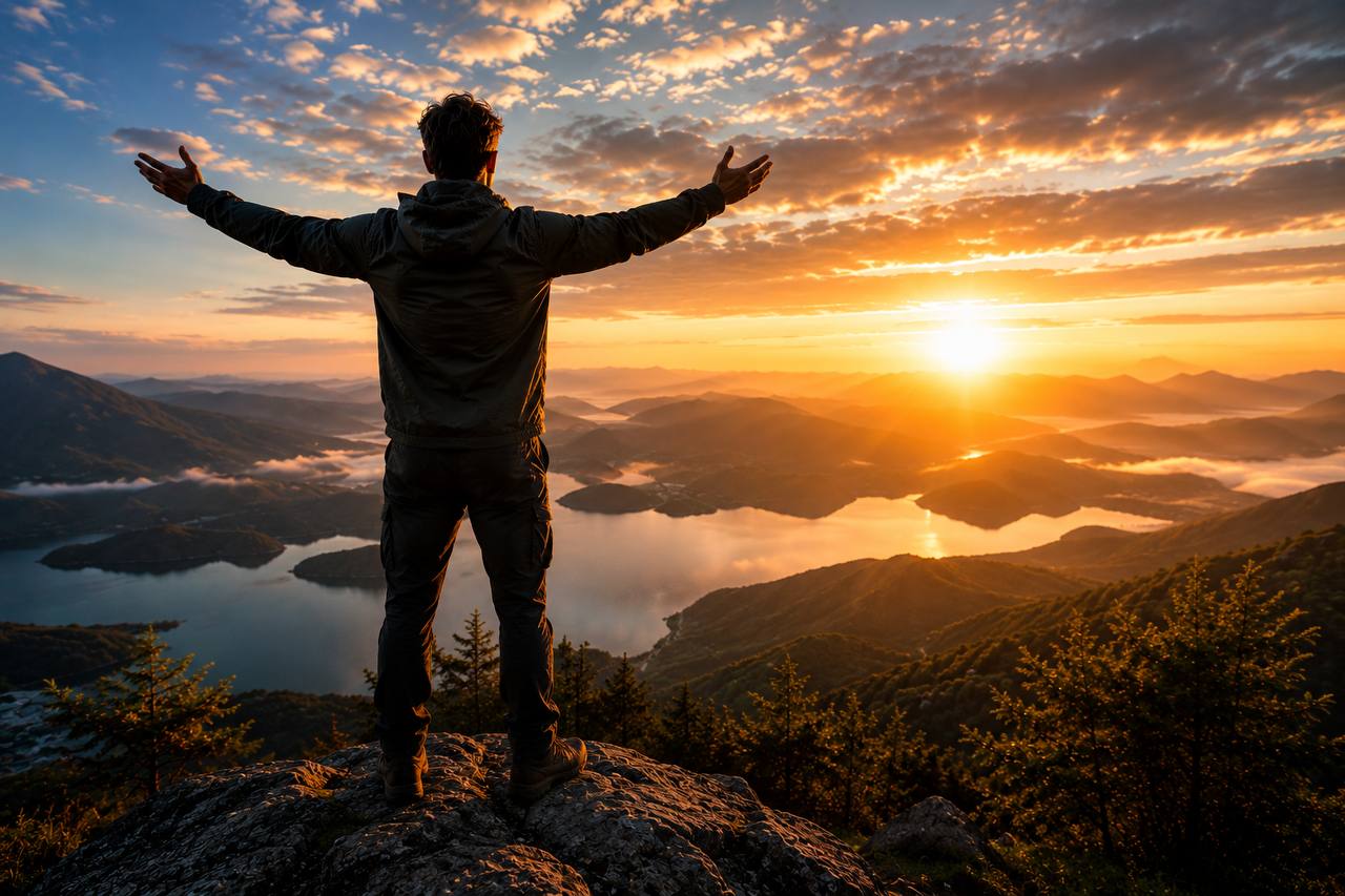 Mann blickt bei Sonnenaufgang in die Natur und findet innere Stärke und neue Energie.