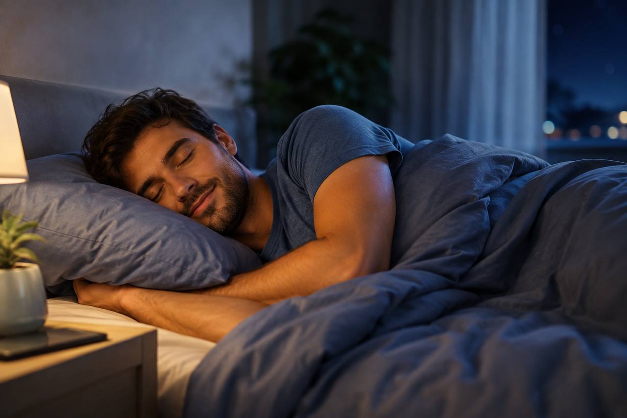 Mann schläft entspannt und ruhig in einem gemütlichen Bett
