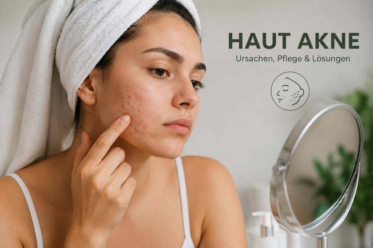 Frau mit Hautakne betrachtet ihr Gesicht im Spiegel
